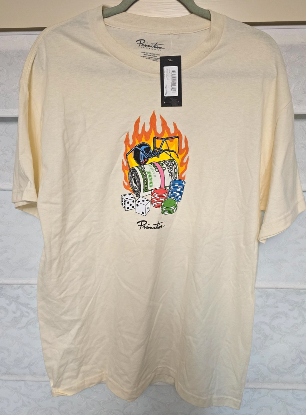 Primitive Skateboarding Shirt Mens Large Cream Casino Money Flames Graphic Tee
